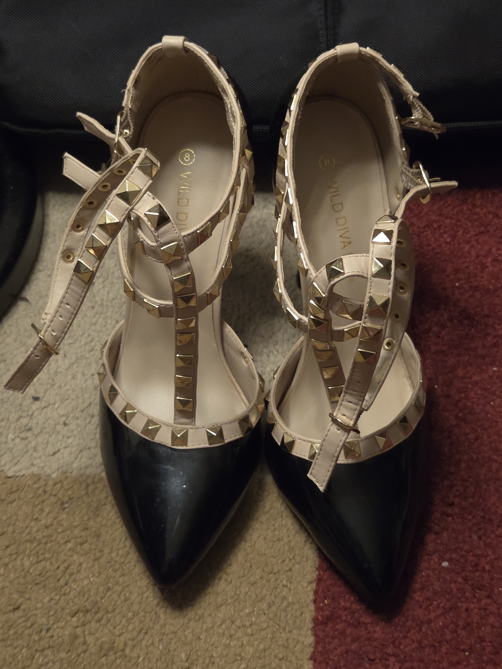 Wild Diva Black & Nude Studded T-Strap Pointed Heels